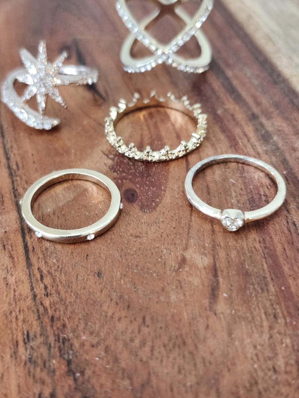 Rings Crystal Starburst, Crown, CZ, Glass, Gold Tone Costume Jewerly Assortment